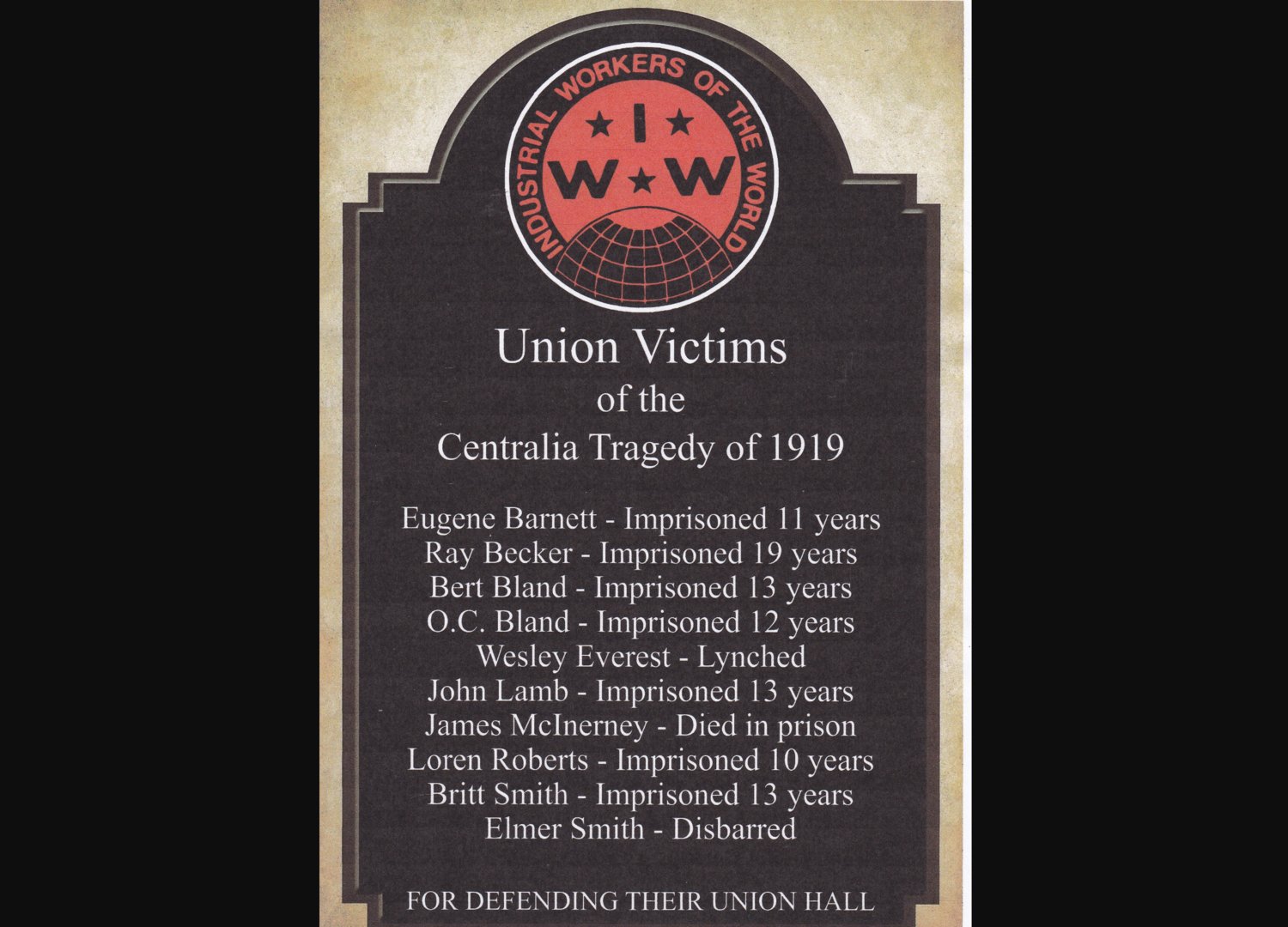 An image of the plaque that will be installed in George Washington Park in Centralia.